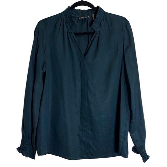 Repeat Cashmere Washable Silk Gathered Detail Long Sleeve Blouse Deep Evergreen - Picture 1 of 6